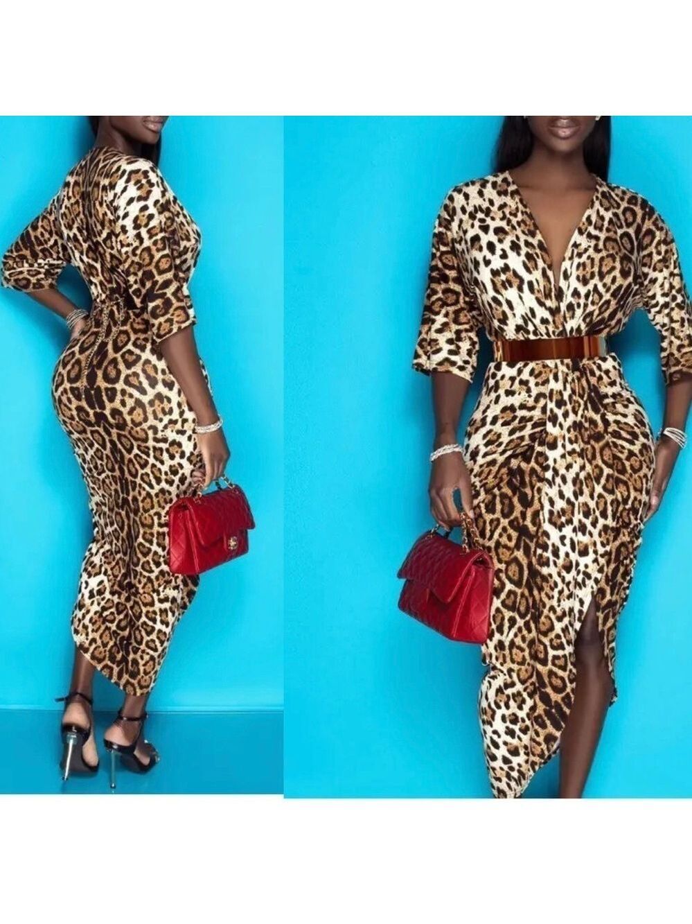 V Neck brown tan Leopard animal Print Asymmetrical maxi wrap Dress Sz M